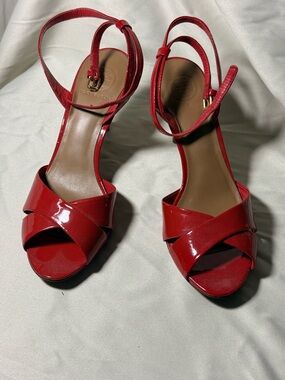 Tory Burch Red Patent Leather Crisscross Ankle Strap Heels